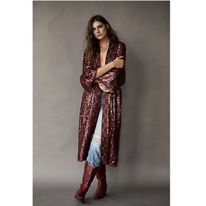 NWOT FREE PEOPLE Red Sequin Long Belted Duster
